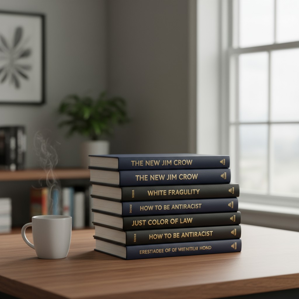 A stack of six books on diversity, equity, and inclusion, with a mug next to it on a wooden desk, featuring titles such as...