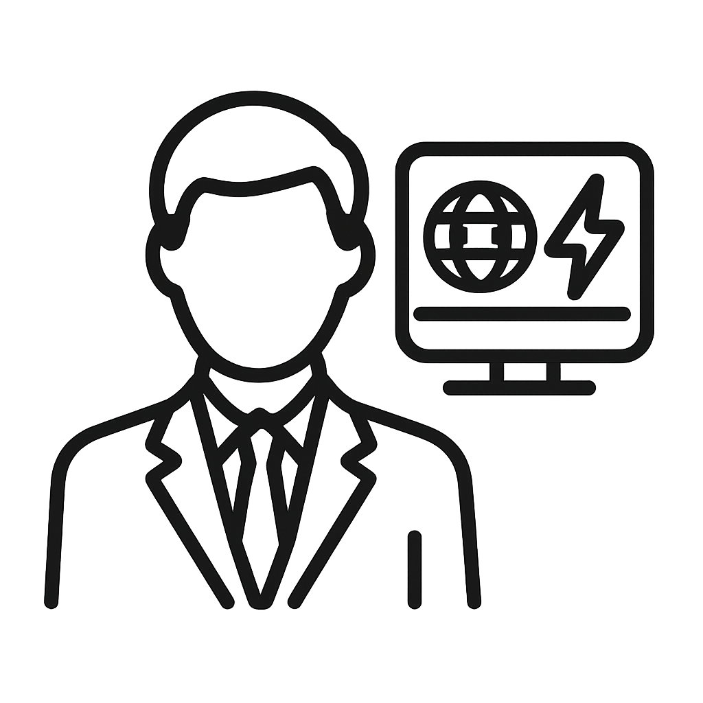 A simple line drawing of a businessman in business attire paired with a logo featuring a stylized symbol of a person sitti...