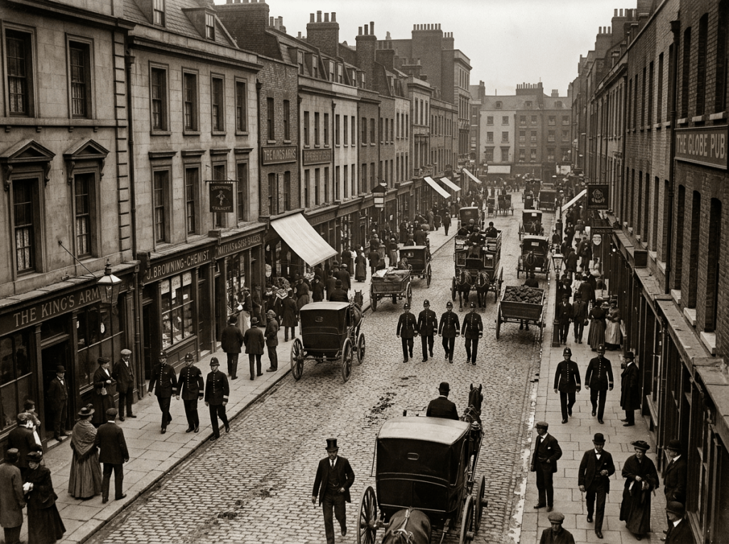 Crowded London street with pedestrians, horse-drawn carriages, and police officers.