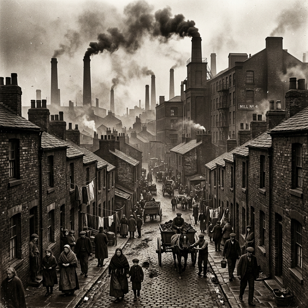 Early industrial Britain factories crowded urban neighborhoods