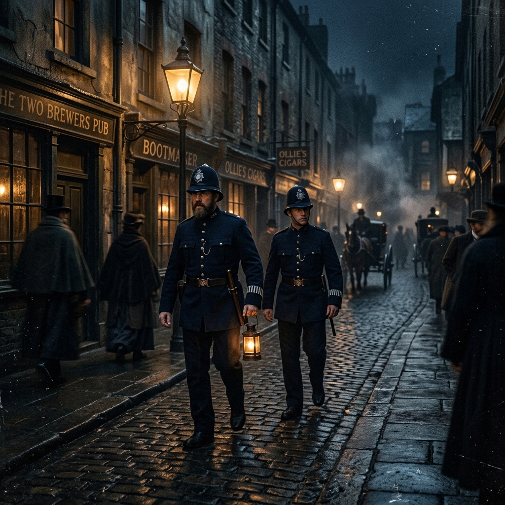 19th-century police patrol gaslit London street