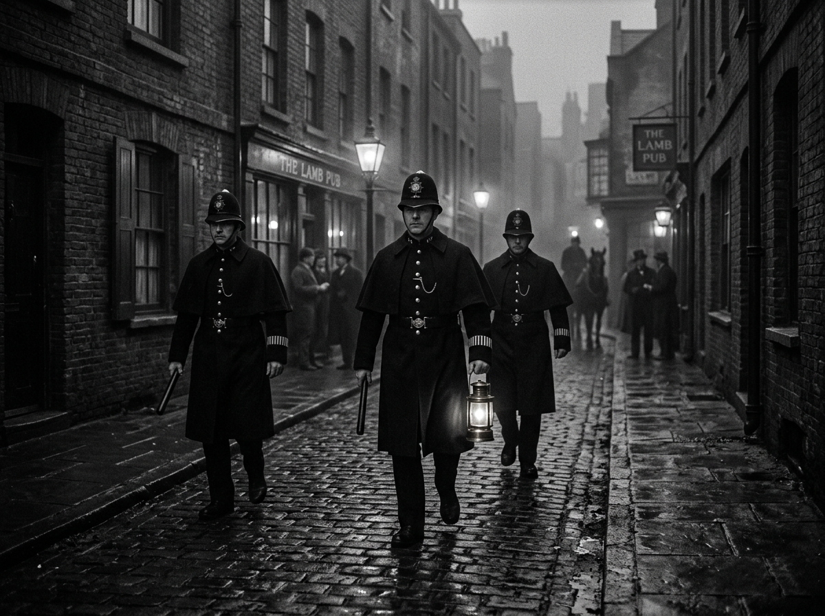 19th-century London police night patrol scene