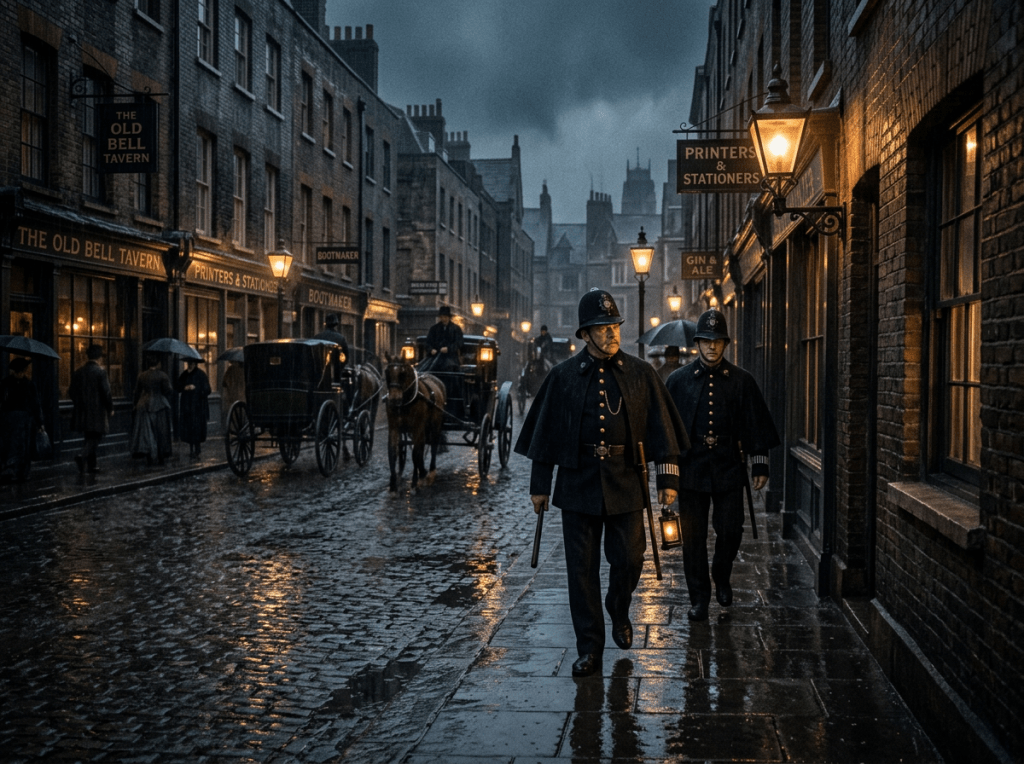 Two Victorian policemen walking on a wet cobblestone street with horse carriages and people under umbrellas