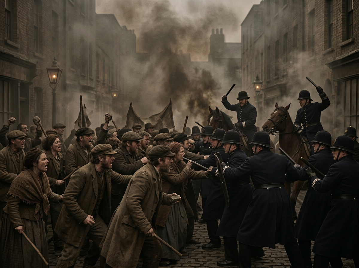 1800s crowd confronting police, smoky dramatic unrest