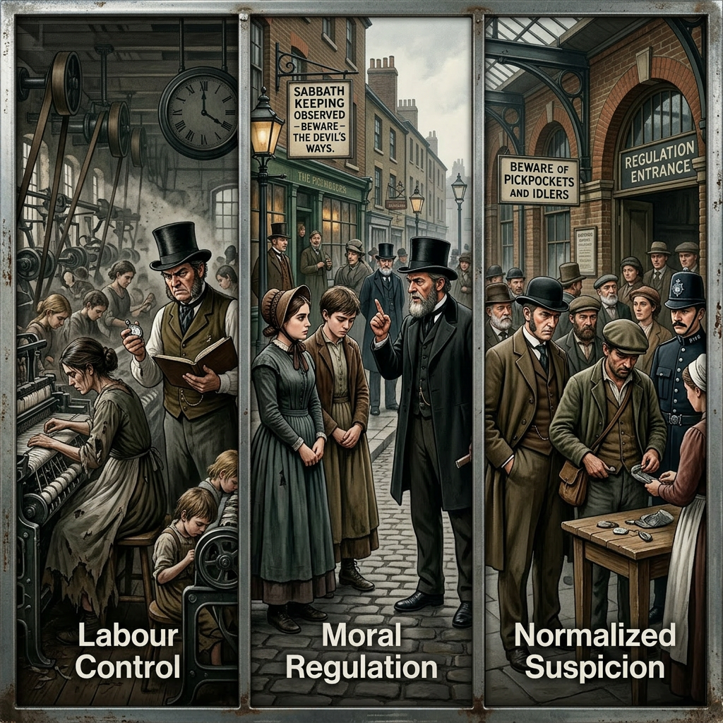 Three panels showing labor control in a factory, moral regulation outdoors, and airport security checkpoint inspection