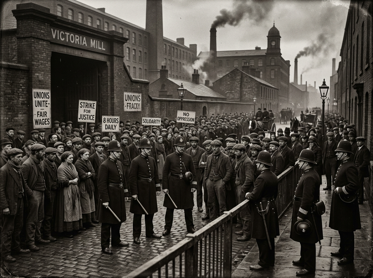19th-century police monitoring workers before unrest