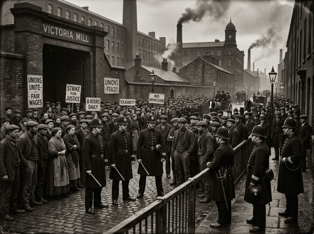 19th-century police monitoring workers before unrest