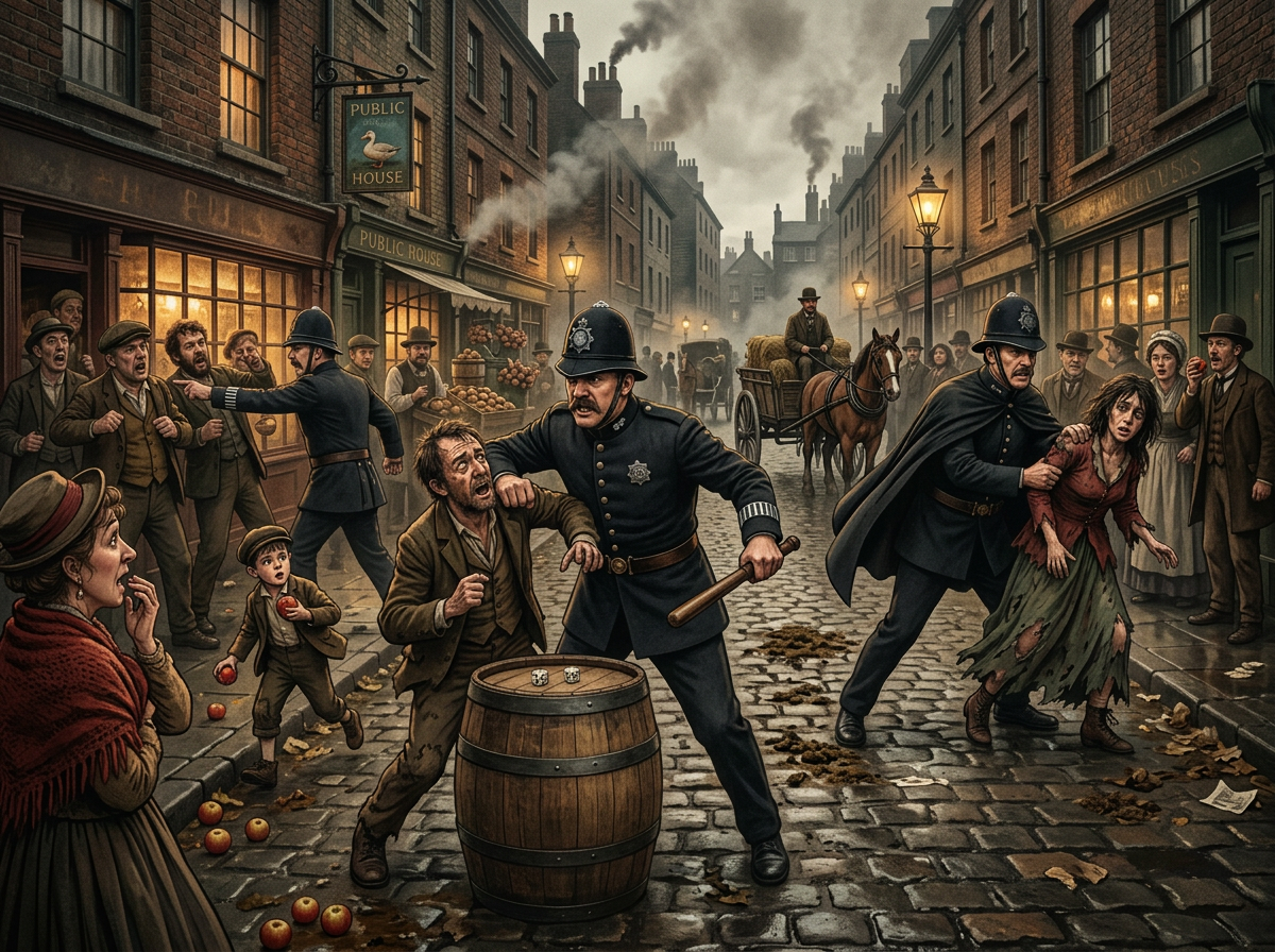 Victorian Morality Squad Enforces Order Victorian police officers confronting and arresting people for gambling and drunkenness on a cobblestone street.