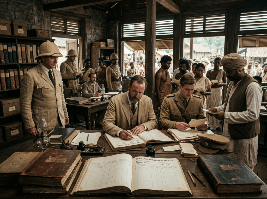 Colonial officials recording population data with villagers waiting outside