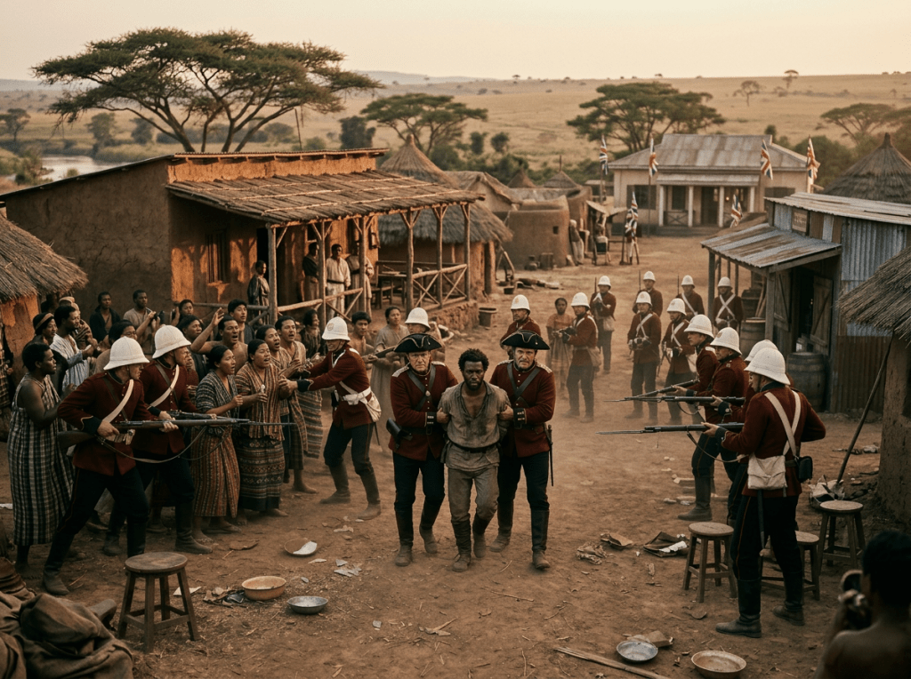 Colonial soldiers escorting two men with villagers watching and protesting.