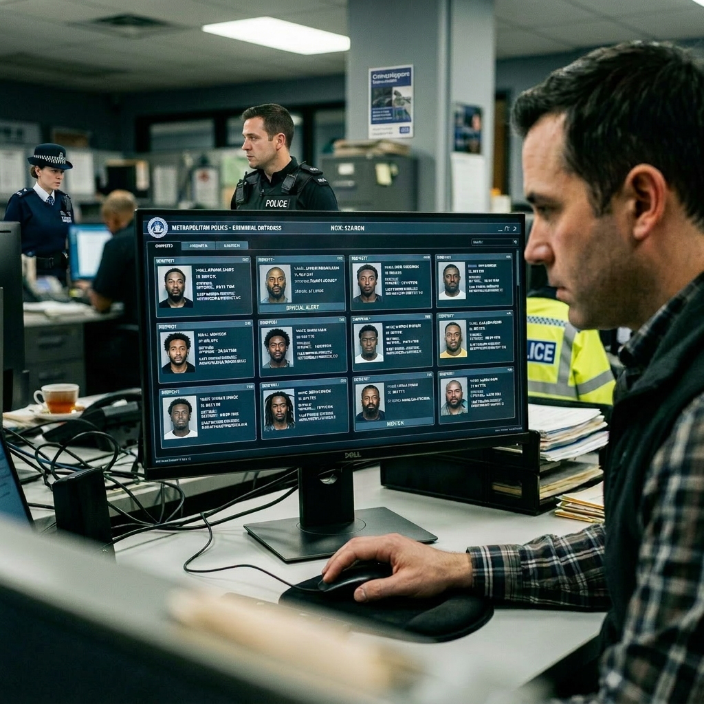Police database computer investigation scene Police officer looking at computer screen showing criminal database profiles with highlighted suspects