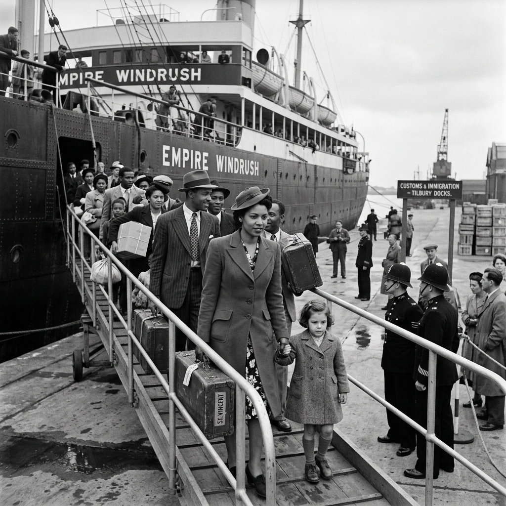 People disembarking ship Empire Windrush at Tilbury Docks with suitcases