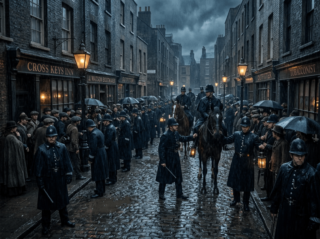 Victorian-era police officers patrolling a cobblestone street in the rain with crowd gathered under umbrellas
