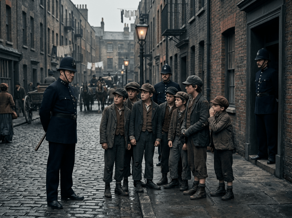 Seven boys in old-fashioned clothes talking with three policemen on a Victorian street