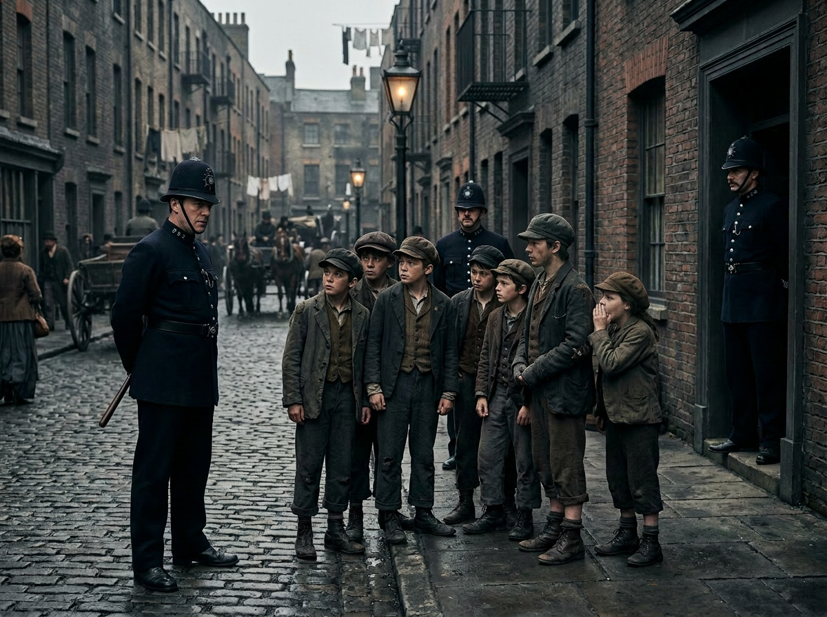 Seven boys in old-fashioned clothes talking with three policemen on a Victorian street