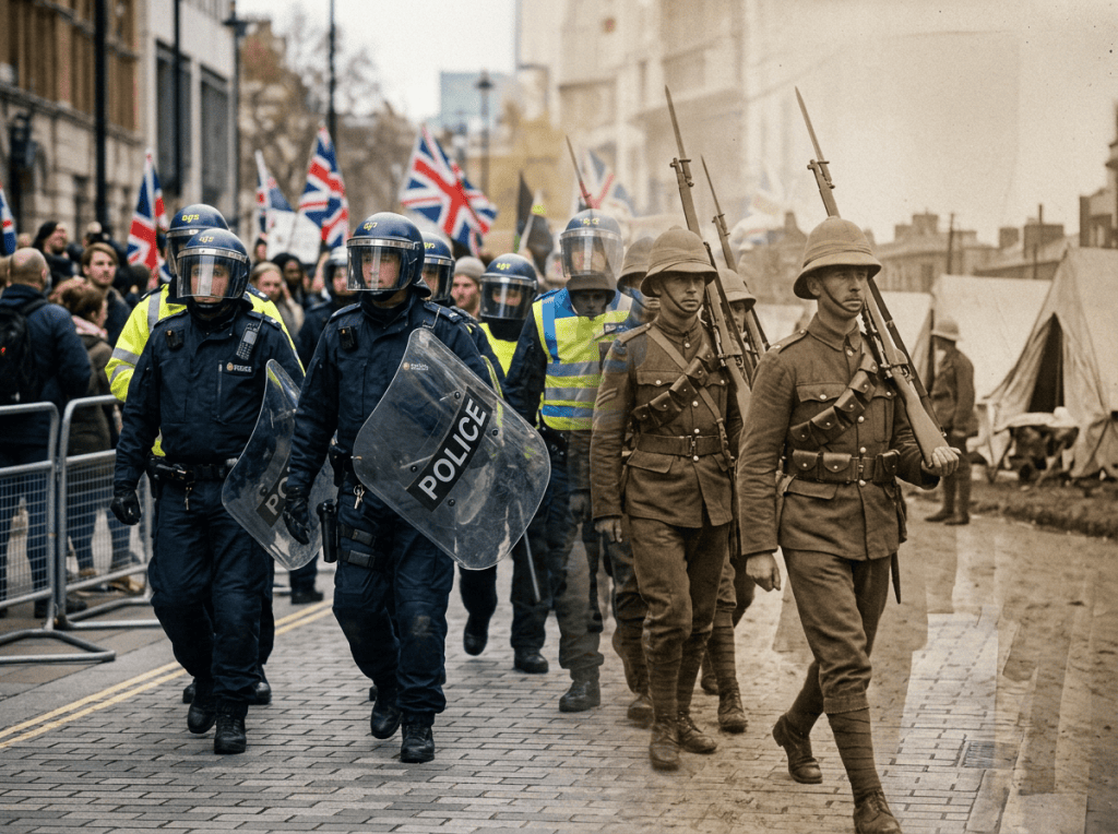 Modern British riot police with shields and helmets walking beside World War I British soldiers in uniform with rifles